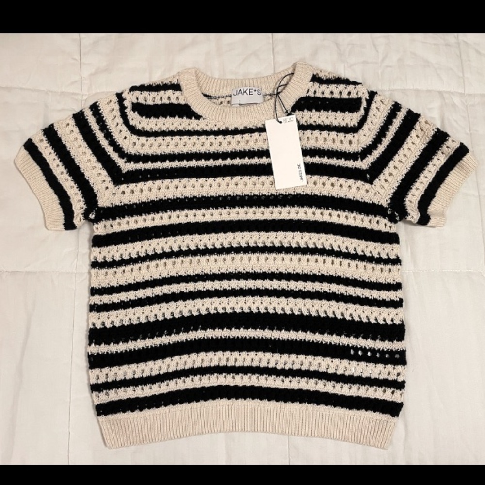 NWT Jake*s Crochet Short Sleeved Sweater Women Med Cream Black Striped Cotton